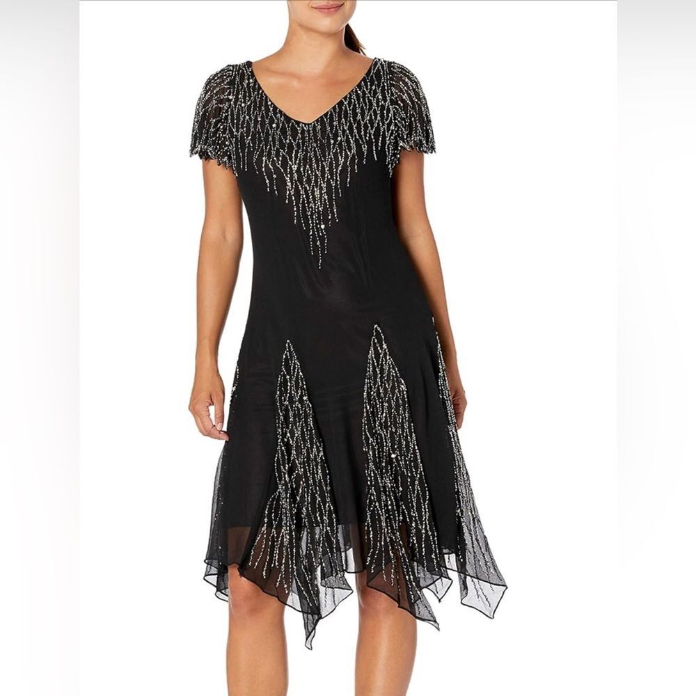 J Kara Black Beaded Hanky Hem Cocktail Dress Short Sleeve Wedding Guest Formal
